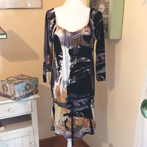 Eva Varro Gathered Tunic Dress Long Sleeve.  Scoop Neck. Absract - Picture 2 of 10